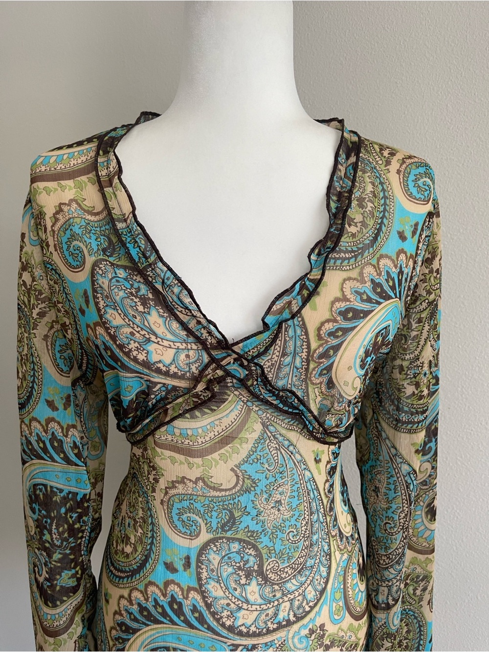 Apt. 9 Teal and Brown Paisley Sheer Ruffle V-Neck Blouse - Picture 2 of 7